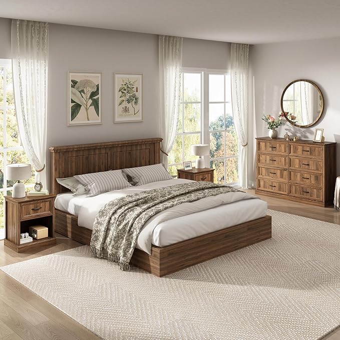 CARPETNAL Farmhouse Dresser and Nightstand Sets for Bedroom, 3 Pcs Bedroom Set, 8 Drawer Dresser & Nightstand Set of 2, Modern Wood Chest of Drawers for Bedroom, Living Room, Entryway, Brown