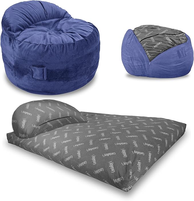 CordaRoy's NEST Gaming Bean Bag Chair-Convertible Bean Bag Chair -Washable Chenille Cover with Pockets for Remote,Controllers-for Living Room,Basement-Full Size-Navy|Made in The USA