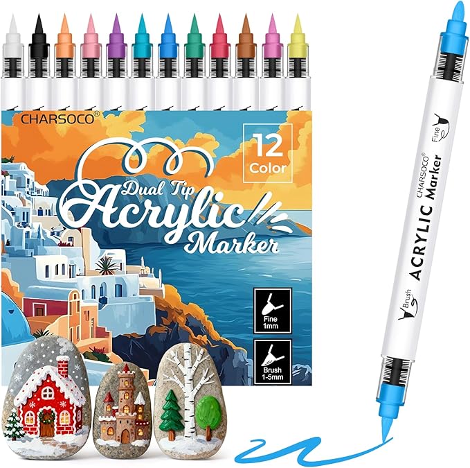 Acrylic Paint Markers, 12 Colors Dual Tip Acrylic Paint Pens, Water-Based No-Bleed Markers with Automatic Ink Control System, Bullet & Brush Tip, Works on Paper, Wood, Ceramic, Rock,813-12pcs