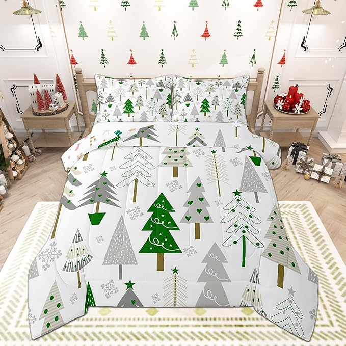 Castle Fairy Xmas Trees Comforter Set Twin Size,Merry Christmas Pine Hand Drawn Bedding Set for Kids Boys Men,Green Plant Snowflakes Winter Quilted Duvet Set with 1 Pillowcase
