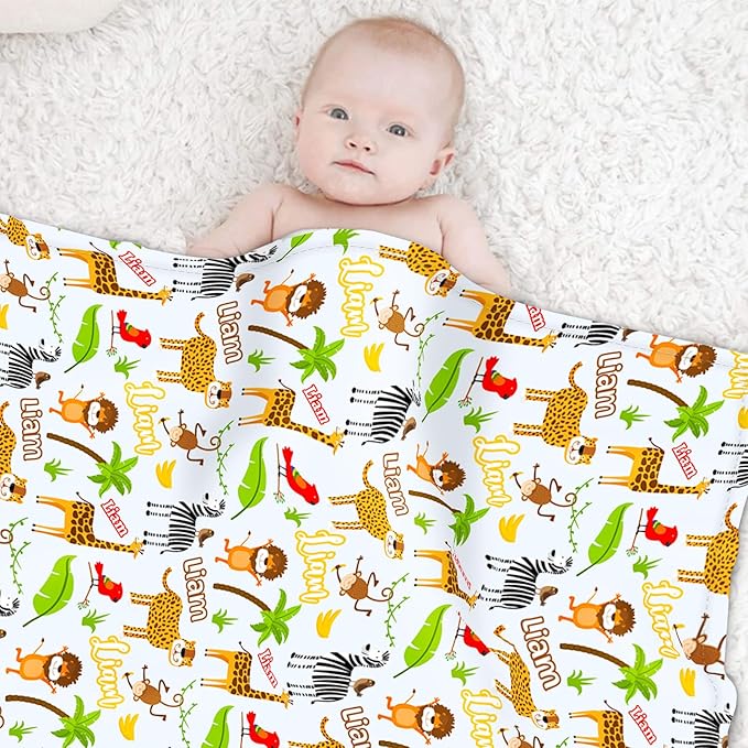 Custom Safari Animals Blanket Gift, Personalized Baby Blanket with Name, Soft Plush Flannel/Sherpa Fleece Throw Blankets for Toddler Kid Teen Boys Girls Color03