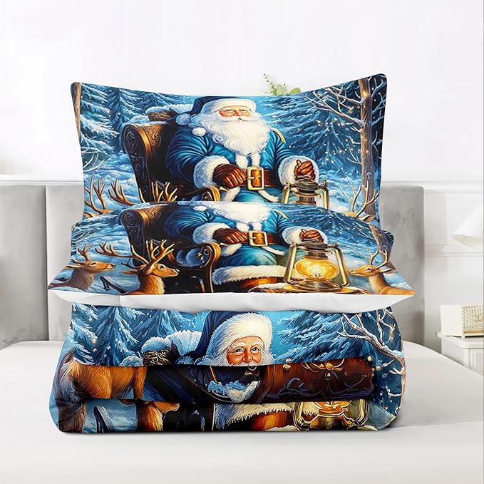 Raphus cucullatus Christmas Bedding Queen,Christmas Comforter Set,Santa Claus Decor Holiday Bedding Winter Quilt,Santa Claus Comforter Set,Snowflake Navidad Quilt Set,Cute Reindeer Quilt