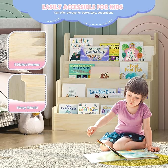 4 Tier Scalloped Kids Bookshelf Natural Wood Toddler Book Rack Nursery Bookcase Playroom Coloring Book Magazine Display Storage Shelf Organizer Classroom Library Homeschooling (Normal)