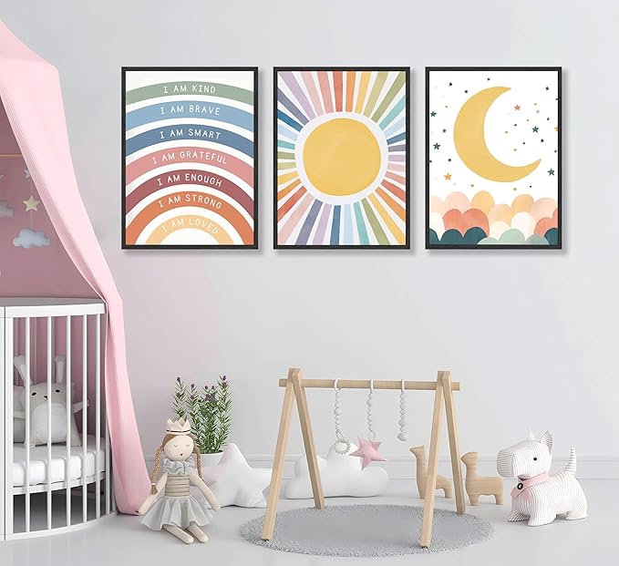 KBIERQN 3Pcs Boho Sun moon Wall Art Nursery Positive Affirmations Rainbow Poster Prints Bohemian Star Heart Canvas Picture for Toddler Baby Girls Room Playroom Bedroom Wall Decor 16x24in Unframed