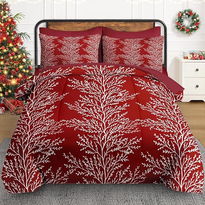 7 Pcs King Size Christmas Comforter Set with 2 Pillowcases & 2 Shams, Red Botanical Bedding for Kids and Adults, Winter Tree Branch Bed in a Bag with Flat Fitted Sheet