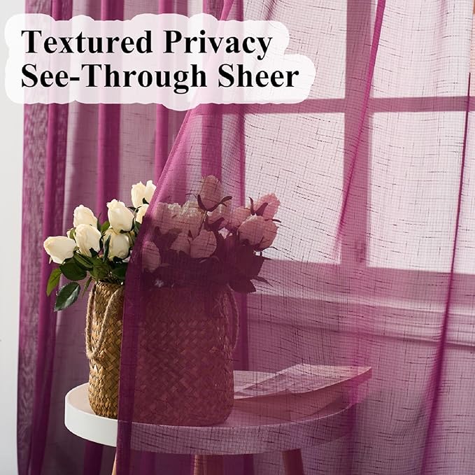 Plum Purple Curtains Sheer 90 Inches Long, Dark Linen Look Textured Light Filtering Drapes Decor, Rustic Eggplant Transparent Window Treatments, Pinch Pleat Curtain with Hooks