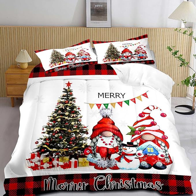 LUVIVIHOME 3PCS Merry Christmas Comforter Set King Size, Funny Gnome Bedding, Red & Black Plaid Snowflake Snowman Xmas Christmas Bedroom Decor for Kids Girls Boys Teens, White Quilt, 2 Pillow Cases