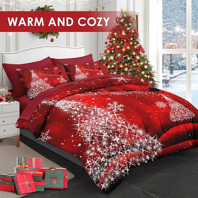 5 Pcs Twin Size Christmas Comforter Set with Pillowcase & Sham, Glitter Pine Tree Bedding for Kids and Adults, Winter Elegant Snowflake Bed in a Bag with Flat Fitted Sheet