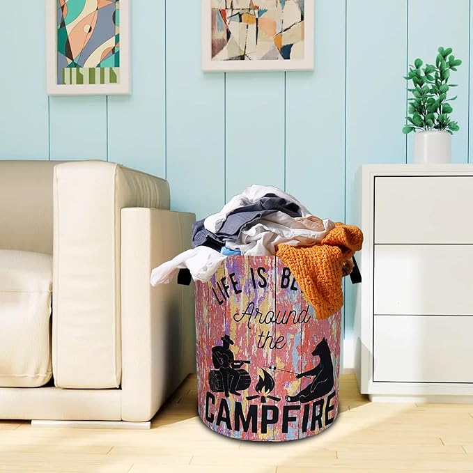 Life Is Better Around The Campfire Laundry Basket Oxford Cloth Funny Laundry Hamper With Handle Foldable Portable Clothes Storage Basket 18.9 X 16.5 Inch Storage Bag For Laundry Room/Bathroom/Bedroom
