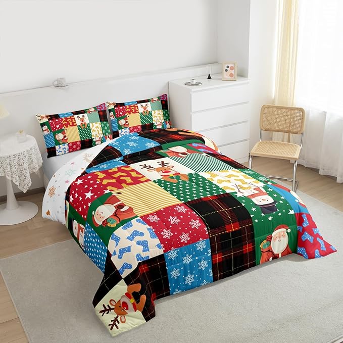 Feelyou Patchwork Christmas Bedding Set Soft for Boys Girls, Santa Claus Reindeer Comforter Set Queen Size Snowman Duvet Quilt Microfiber Snowflake Bedroom Decor 3 Pcs with 2 Pillow Cases