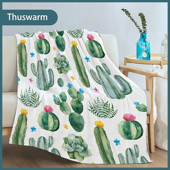 Thuswarm Cactus Flower Succulent Flannel Blanket for Autumn Winter Gifts Warm Cozy Soft Funny Print Throw for Bed Couch Sofa 60”×50” Medium for Teen
