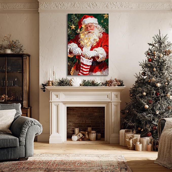 YONICA Christmas Canvas Wall Art Stocking Santa 12x16 Inch Oil Painting Filling Christmas Sock - Large Framed Gallery Wrapped Family Tradition