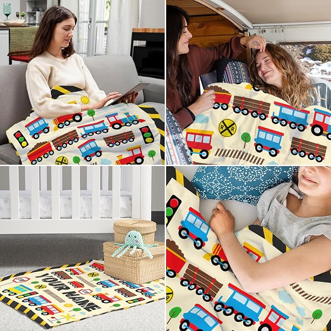 Custom Train Blanket for Train Lovers - 50" x 60" Inches Warm Cozy Throw Blanket Gift - Yellow Cute Throw for Sofa, Work, Living Room
