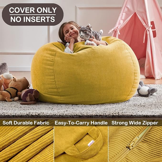 Nobildonna 3 ft Bean Bag Chair Cover (No Filler) 35"×43" Large Stuffed Animal Storage Bean Bag Washable Big Beanbag Chair Cover Premium Corduroy Stuffable Bean Bag Cover for Adults,Kids,Yellow 300L