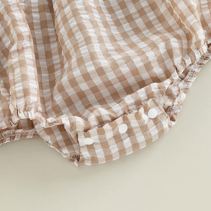 Karuedoo Newborn Baby Girl Clothes Gingham Plaid Bubble Romper Long Sleeve Ruffle Bodysuit with Headband Spring Fall Outfit