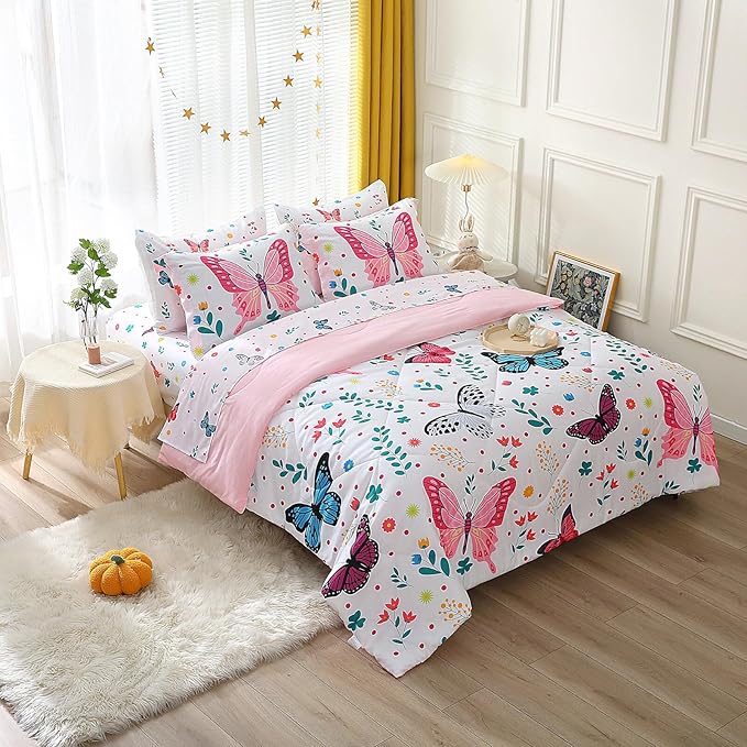 Wajade Butterfly Full Size Comforter Set for Girls Kids Adult Bedding Sets for Girls 7 Pieces Bed in a Bag Colorful Butterflies Flower Leaves Bedding Set All Season Lightweight