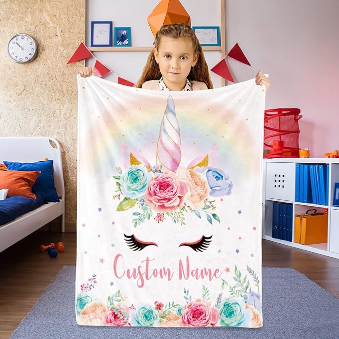 Personalized Horse Blanket with Name for Girl, Custom Name Blanket for Kids, Soft Flannel Pink Horse Toddler Blanket Customized Gift for Birthday Christmas Baby Shower Newborn Gift 60" X 80"