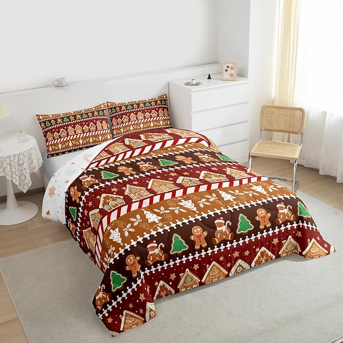 Feelyou Merry Christmas Comforter Set Toddler Size Greenland Home Bedding Set for Kids Boys Girls Xmas Tree Duvet Quilt Striped Bedroom Decor Microfiber 2 Pcs with 1 Pillow Cases