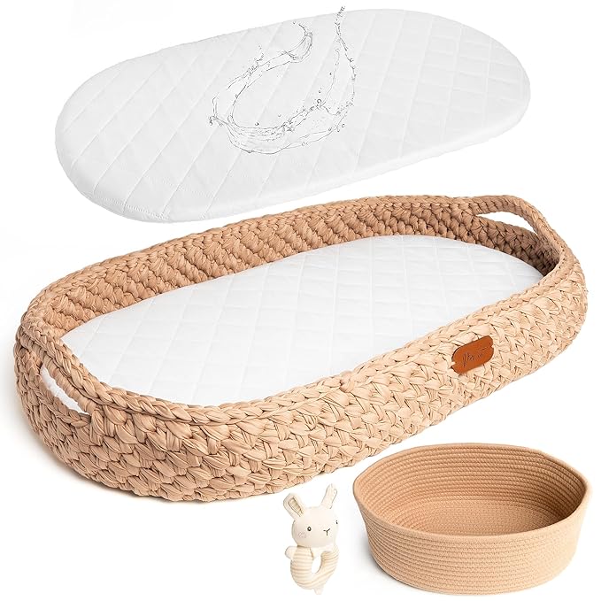 Handmade Baby Changing Basket Set with a Soft Changing Pad and Waterproof Cover,Diaper Organizer,Rattle Shaker, Moses Basket, Changing Table Topper for Dresser| Boho Bassinet, Handmade Crochet Basket