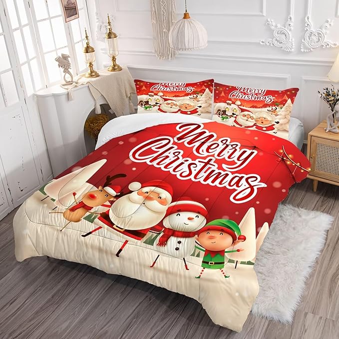 Christmas Bedding Sets Xmas Santa Gnomes Comforter Sets Full Size for Kids Boys Girls Bedroom Snowing Santa Claus Quilt,1 Comforter + 2 Pillow Cases