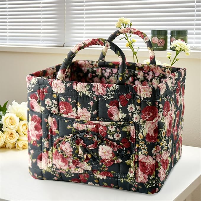 Boho Fabric Storage Basket, Collapsible Floral Laundry Nursery Hamper, Portable Folding Organizer Bin for Home Office Picnic Clothes Toys Books Sundries Storage (Floral 14)