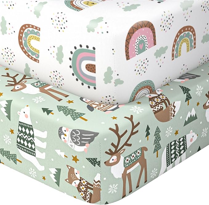 Pack N Play Sheets Fitted, 2-Pack Fit for Standard Pack N Play Mattress, Mini Crib Sheets,Breathable Soft Unisex Playard Sheets (Polar Bear & Green Rainbow)