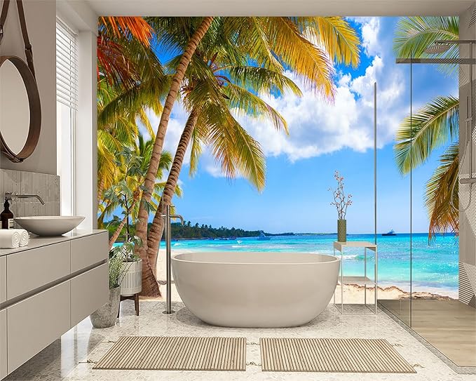 XMPMBM-Beach Palms Landscaping Fabric Wallpaper Tree Leaf Living Room Bedroom Bathroom Wall Mural-W 132" X H 92"（93 Square Foot）