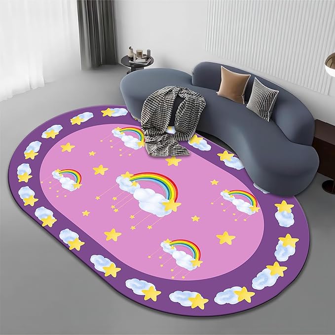 Rainbow Stars Kids Rug, 6x8ft, White Clouds Yellow Stars Pattern Oval Rug, Cute Soft Indoor Carpet for Girls Bedroom, Non-Slip Washable Low Pile Floor Mats for Classroom Nursery Playroom