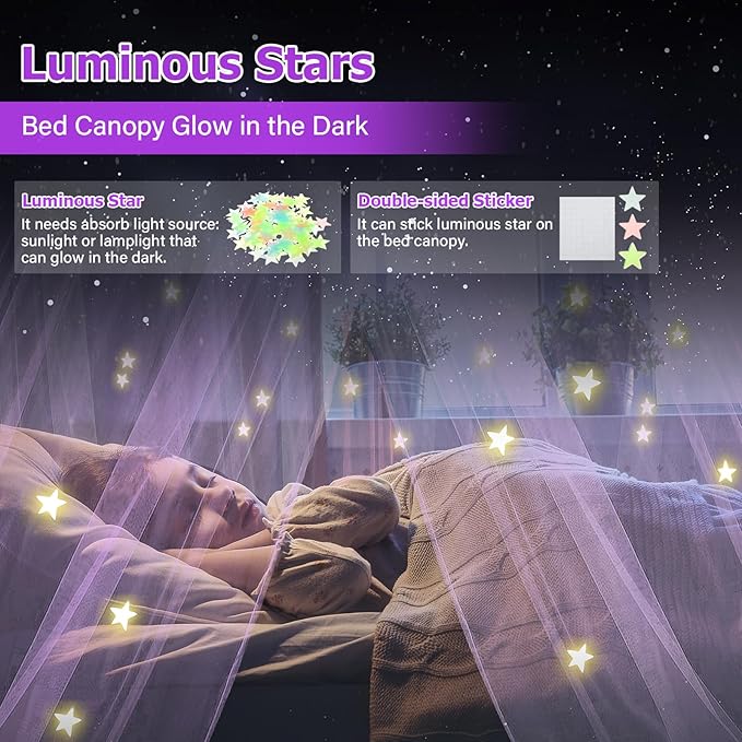 Bed Canopy with Lights, Bed Canopy for Girls Princess with Luminous Stars, Canopy Bed Curtains for Twin to King Size Bed, Baby Kids Adult Indoor Decor Bedroom Reading Nook Outdoor Camping,Purple