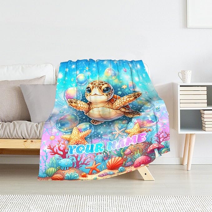 Custom Sea Turtle Blanket for Girls - 30 x 40 Inches Lap Size Animals Blankets for Kids - Blue Turtle Throw Gifts Stuff for Crib, Office