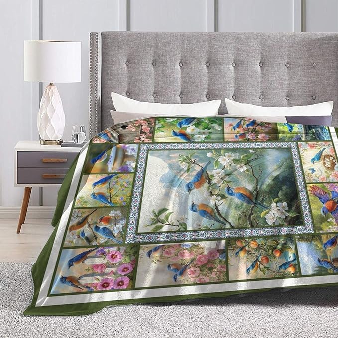 Blue Hummingbirds Blanket Moutain Flowers Bird Throw Blankets Gifts for Girls Boys Women Cozy Warm Soft Fuzzy Flannel Throw Plush Stuffed Animal Fleece Gifts for Kids Men Women for Sofa Bed 50" x40"