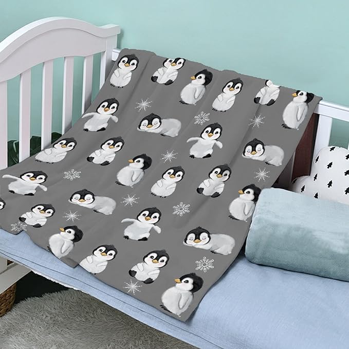 Thuswarm Cute Penguin Grey Flannel Throw Blanket Gifts Warm Cozy Soft Funny Print Blankets for Summer Room Decoration Bed Couch Sofa 80”×60” Large for Adult