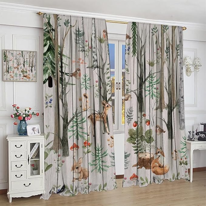 Forest Animal Curtains,Winter Dry Branches Pine Tree Moose Bear Animal Print Curtains for Children Boys and Girls Bedroom Living Room 52x84in