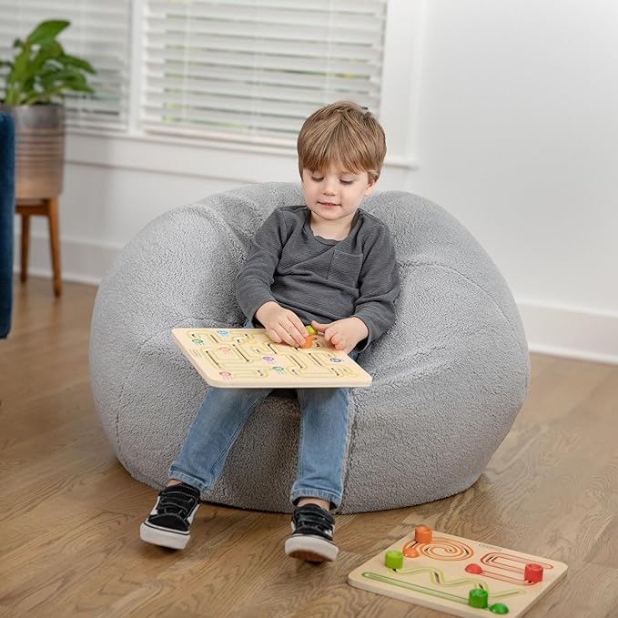 EMMA + OLIVER Daisy Sherpa Bean Bag Chair, Classic Refillable Bean Bag Chair for Kids and Teens, Small, Gray