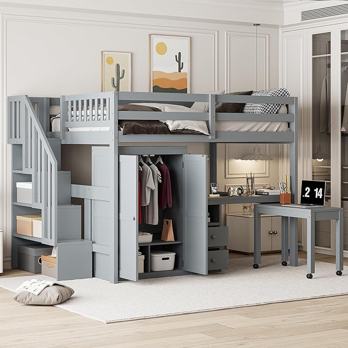 Merax Full Multifunction Loft Bed with Desk, Wardrobe, Drawers, Wood Loft Bed with Staircase & Full Length Gardrails for Boys, Girls, No Box Spring Needed Gray
