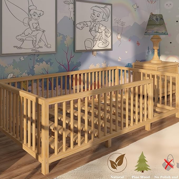 Montessori Floor Bed with Slats for Toddler 39.4'' x 75.2'' Twin | Pine Wood Natural Solid Frame Bed | Sturdy Design Floor Bed Frame for Boy and Girls (Twin, Height : 23.6 Inches)