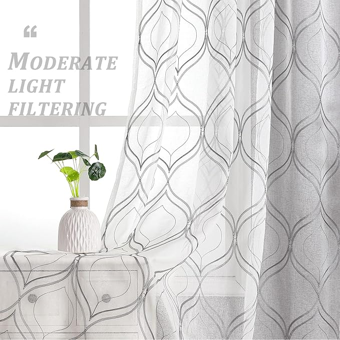 VISIONTEX White Sheer Curtains 54 Inch Length 2 Panels Set Grey Moroccan Embroidered Curtains Trellis French Textured Rod Pocket Voile Tulle Semi Window Drapes for Bedroom Living Room 54 x 54 Inches