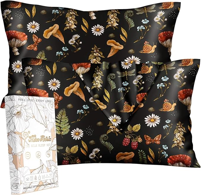 Silk Pillowcase 2 Pack - Cute Pillow Cases 20" x 26" Standard Size Set of 2 for Hair and Skin Smooth Soft Breathable with Hidden Zipper Cooling Pillow Covers for Sleeping, Mushroom Plants