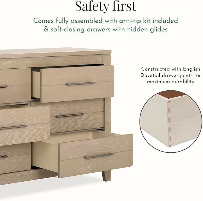 Evolur Oakley Double Dresser – 6 Drawer Nursery & Bedroom Dresser, Solid Poplar Wood Storage Organizer, Weathered Grey Finish, Durable Modern Design