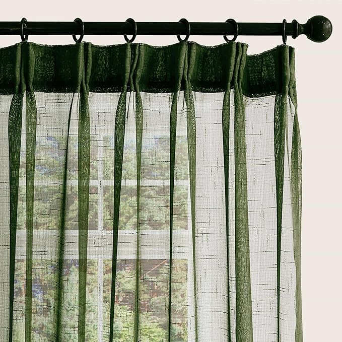 Olive Green Sheer Curtains 84 Inches Long 2 Panels, Dark Textured Linen Look See Through Drapes, Thin Light Filtering Window Treatments, DIY Pinch Pleat Sliding Glass Door Curtain
