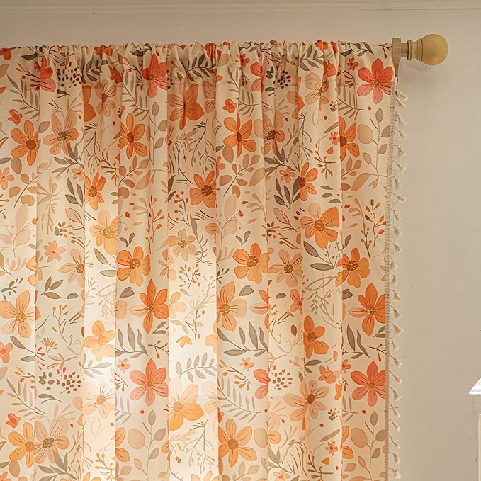 ENJOYBRIDAL Floral 63 Inch Curtains for Bedroom Living Room Drapes 2 Panel Sets Semi Sheer Farmhouse Short Window Curtain Panels Cute Patterned Boho Rod Pocket Cottagecore Window Treatments
