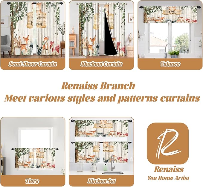 Renaiss 42 x 45 Inch African Safari Baby Curtains Grommet Blackout Window Curtain Planks Animals Tropical Tree Stump Fox Squirrel Mushrooms Print Window Treatment for Kids Boys Bedroom Decor 2 Panels