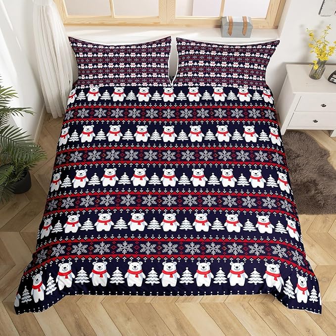 Christmas Bedding Set for Kids Boys Girls Polar Bear Christmas Tree Comforter Cover Set Exotic Ethnic Xmas Theme Duvet Cover Bedroom Decor Snowflake Bedspread Cover Twin Size Bedding Collection 2Pcs