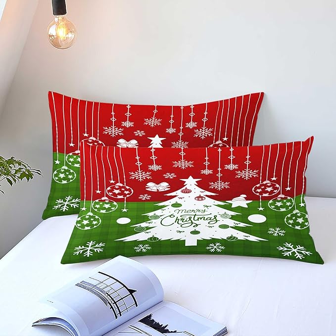 Red Christmas Duvet Cover Twin Size Green Christmas Tree Gingham Bedding Set 2 Pieces Kids Boys Girls Checked Holiday Pattern Comforter Cover with Zipper Closure And 1 Pillowcase (No Comforter)