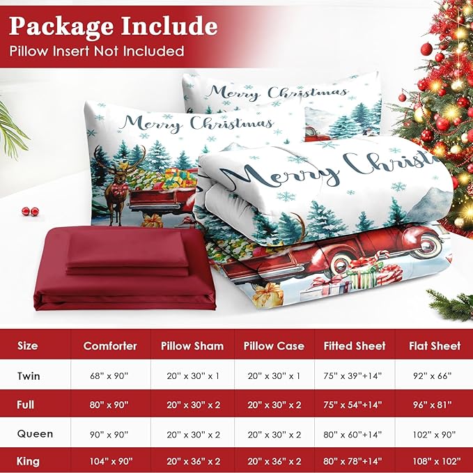 7 Pcs Queen Size Christmas Comforter Set with 2 Pillowcases & 2 Shams, Red Vintage Truck Elk Bedding for Kids and Adults, Winter Forest Bed in a Bag with Flat Fitted Sheet