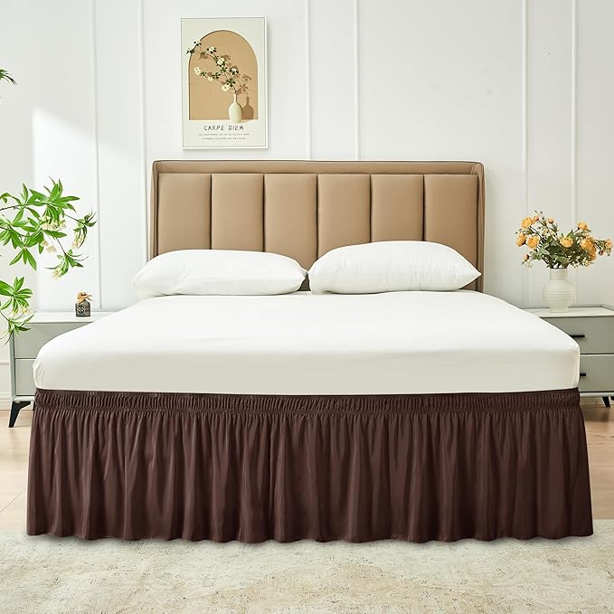 Biscaynebay Wrap Around Bed Skirts for King & Cal King Beds 22" Long Drop, Brown Adjustable Elastic Dust Ruffles Easy Fit Wrinkle Resistant Silky Luxurious Fabric Machine Washable