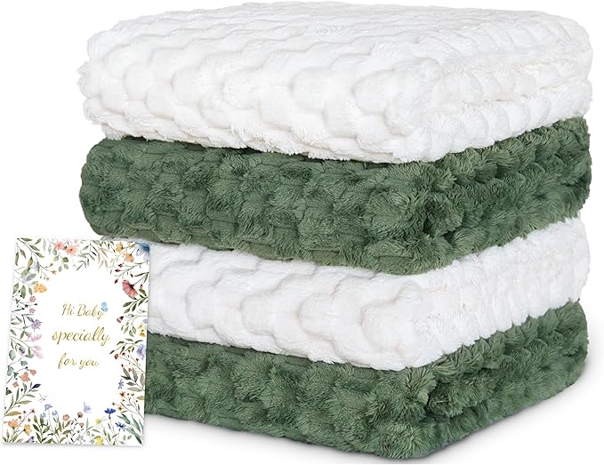 HOMRITAR Baby Blanket 4 Pcs, Ultra Soft 3D Flannel Fleece Fluffy Blankets for Nursery, Warmer Plush Bed Blanket Set, Christmas Baby Gift Idea for Boys & Girls, 30x40 Inches (2 Olive Green + 2 Cream)