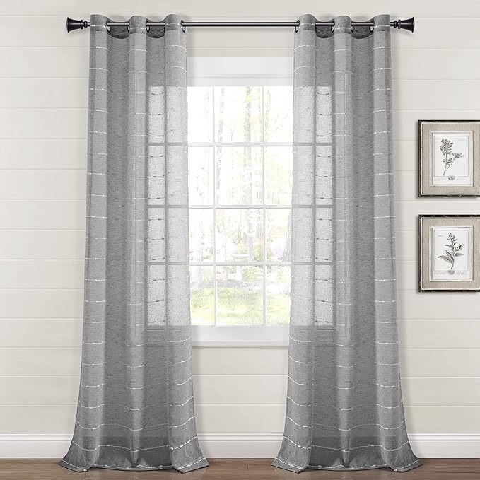 Lush Decor Farmhouse Textured Grommet Sheer Window Curtain Panel Pair, 38"W x 120"L, Dark Gray
