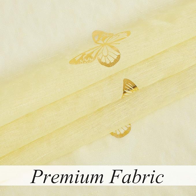 Jubilantex Yellow Butterfly Sheer Curtain Panels for Kids Nursery Bedroom, Baby Girls Toddler Gold Print Linen Textured Rod Pocket Voile Drapes 63 Inch Long for Living Room,2 Panels