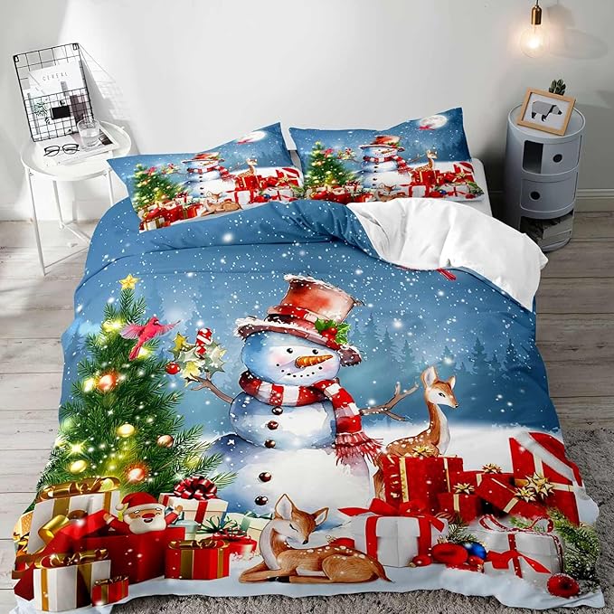 LUVIVIHOME 3PCS Cute Snowman Duvet Cover king Bedding Set, Christmas Bedding, Santa Claus Deer Cardinal Christmas Tree Winter Holiday New Year Xmas Gifts Christmas Comforter Quilt Cover 2 Pillow Shams